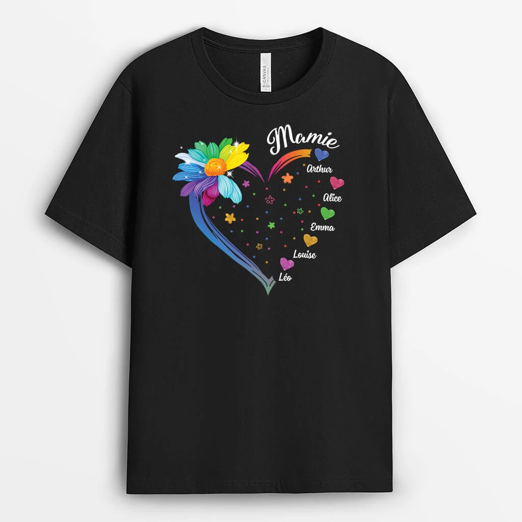 Mamie Cœur Avec Fleurs Colorées - Cadeau Personnalisé | T-Shirt Pour Mamie 1 Mamie Cœur Avec Fleurs Colorées - Cadeau Personnalisé | T-Shirt Pour Mamie